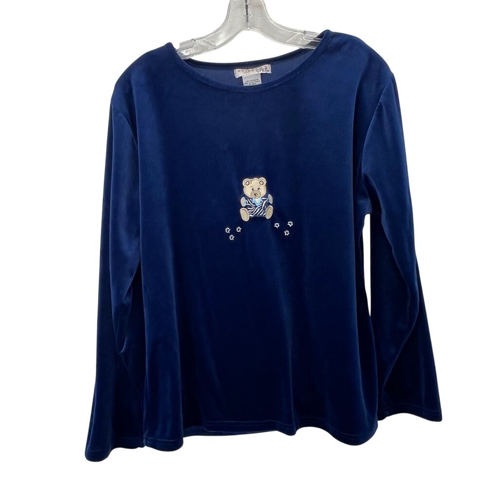 Vintage Intimates by Rag Velour Velvet Top L Blue Bear Embroidery Grandmacore
